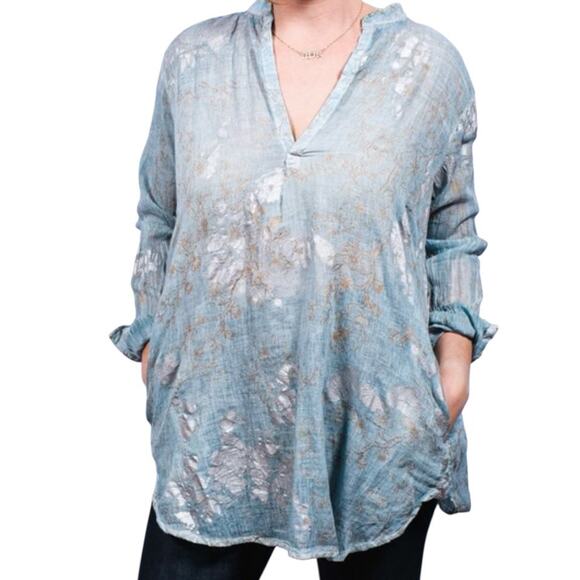 Dolma Tunic Top Blue Metallic Floral Cotton Long Sleeves MED Boho Laganlook - Picture 1 of 12